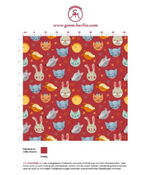 Coole Kinder Jugend Tapete "Space Animals" mit Katzen, Hasen, Hunden und Sternen auf rot angepasst an Little Greene Wandfarben. Aus dem GMM-BERLIN.com Sortiment: Schöne Tapeten in der Farbe: rot