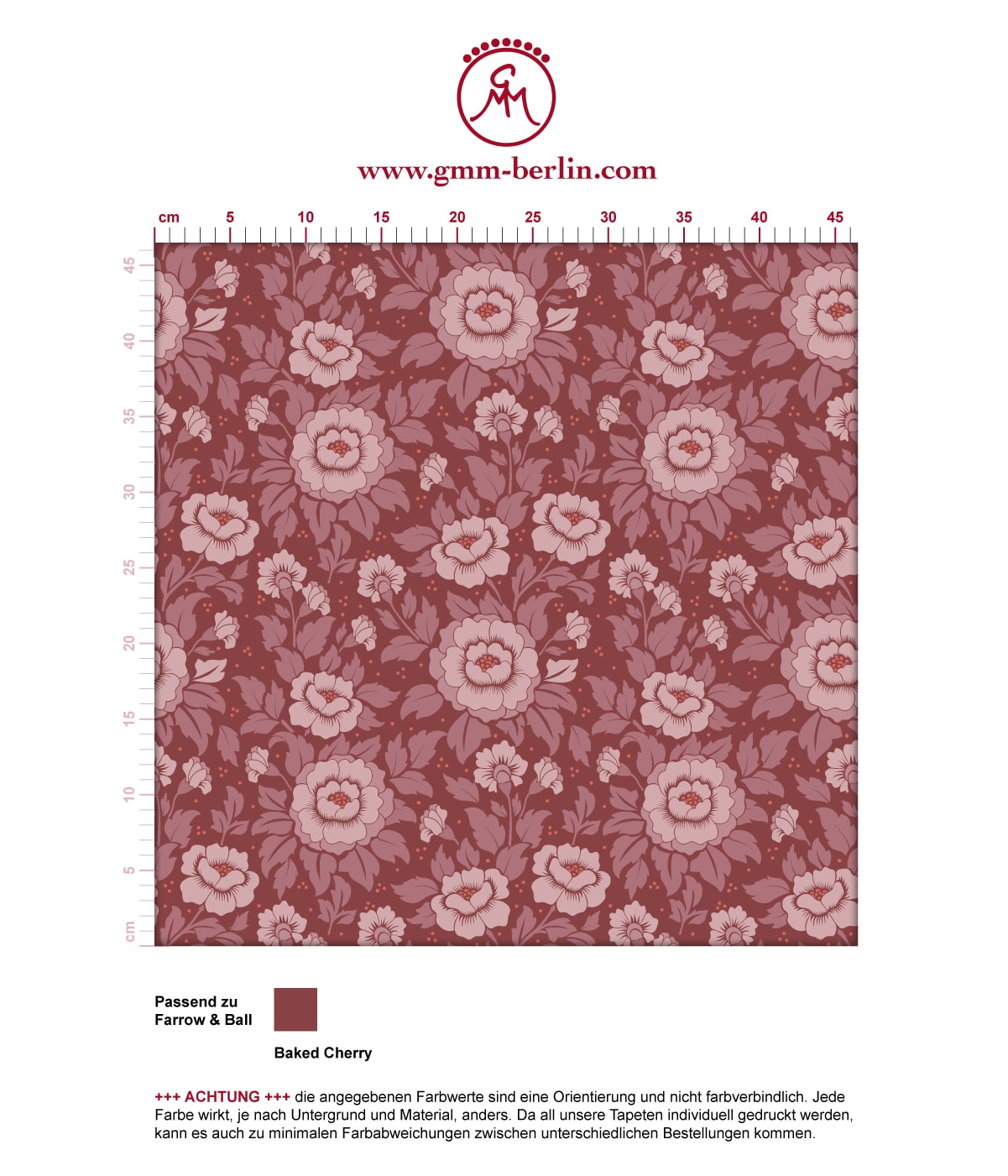 Edle florale Tapete "Mein Rosengarten" mit Rosen Blüten in rot angepasst an Farrow and Ball Wandfarben. Aus dem GMM-BERLIN.com Sortiment: Schöne Tapeten in der Farbe: dunkel rot