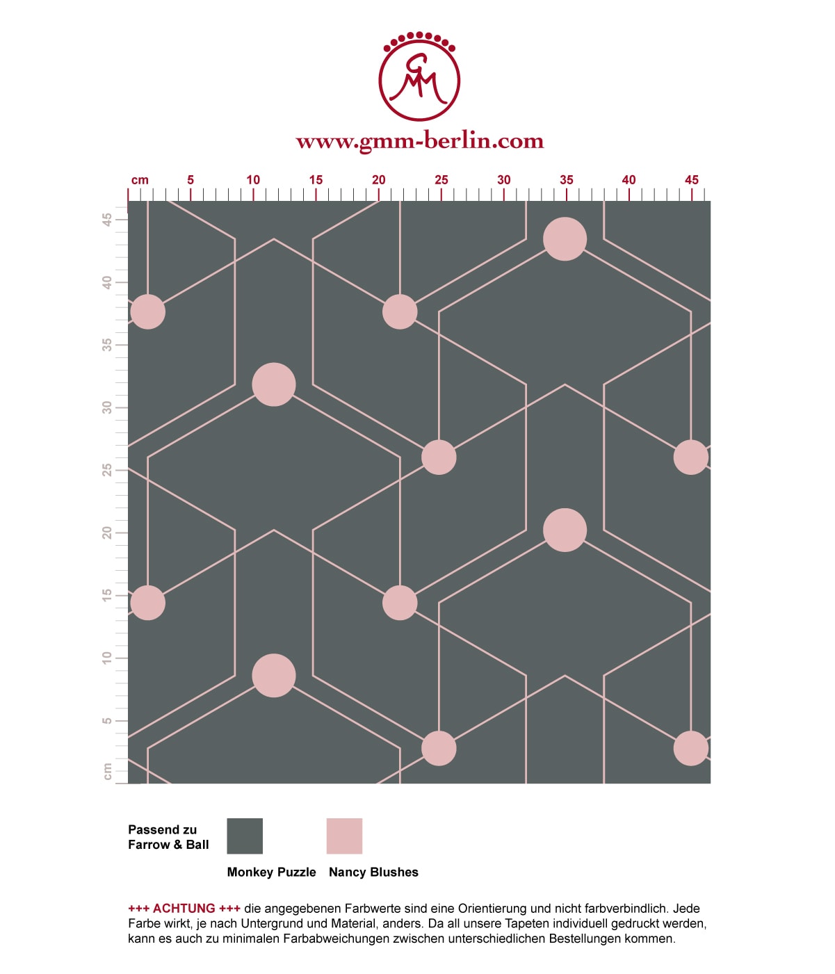 Schicke moderne grafische Tapete "Celestial Dots" großes Muster in grau rosa angepasst an Farrow & Ball Wandfarben. Aus dem GMM-BERLIN.com Sortiment: Schöne Tapeten in der Farbe: rosa