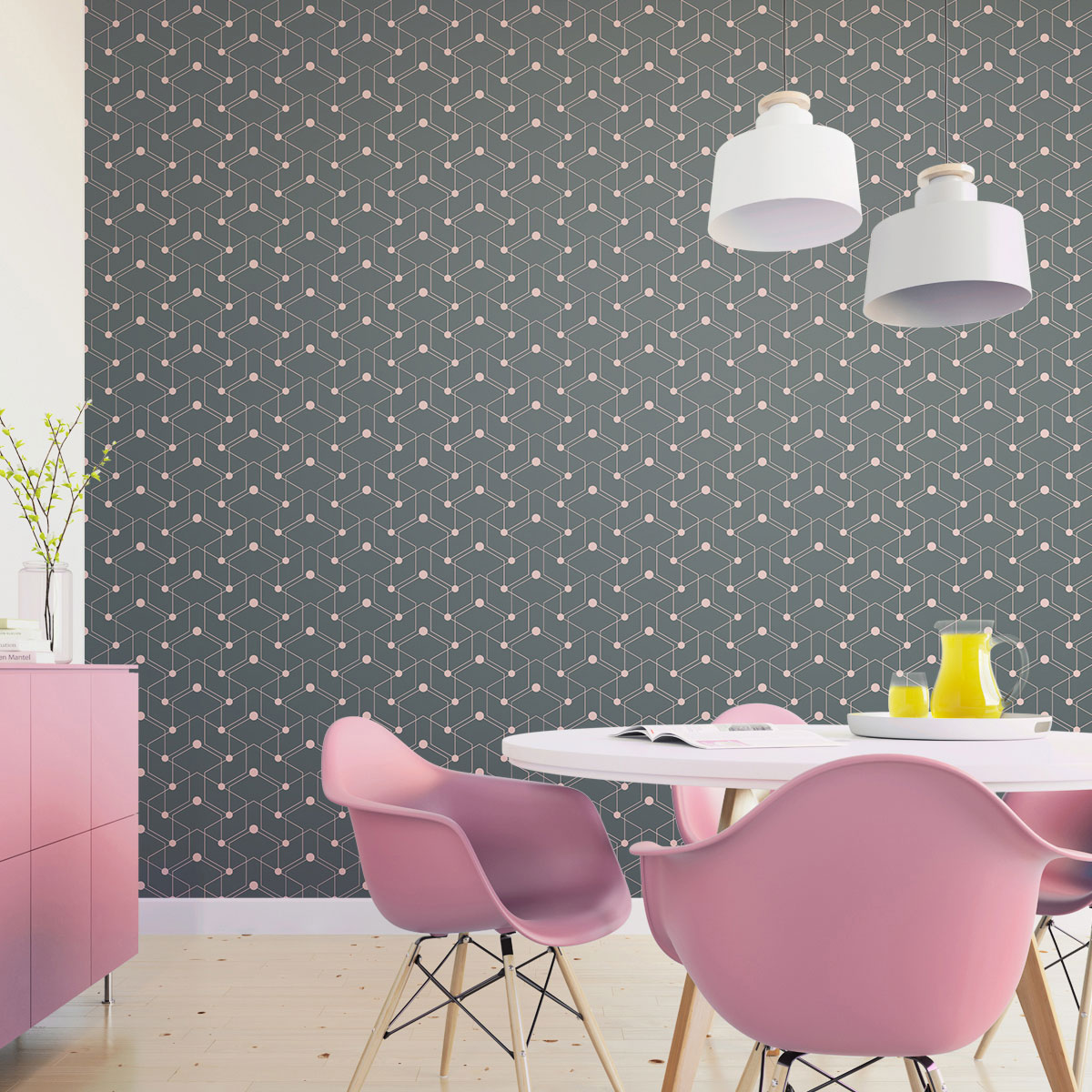 Wandtapete rosa: Schicke moderne grafische Tapete "Celestial Dots" großes Muster in grau rosa angepasst an Farrow & Ball Wandfarben - Vliestapete Grafisch