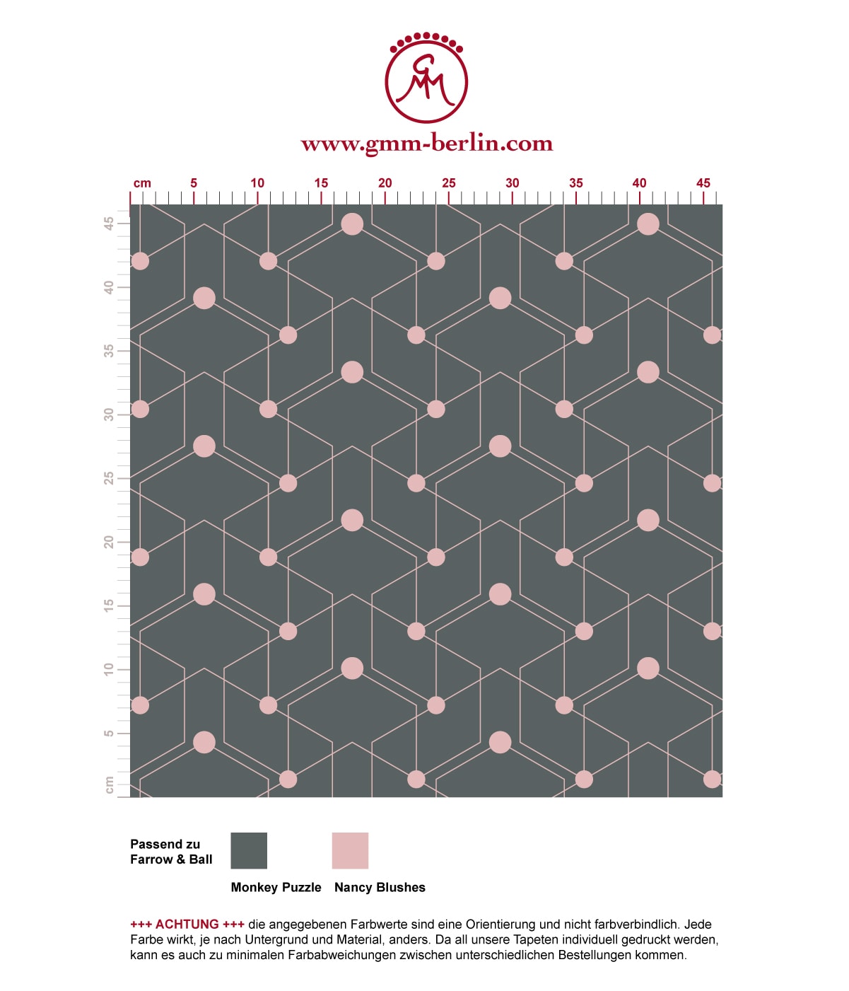 Schicke moderne grafische Tapete "Celestial Dots" kleines Muster in grau rosa angepasst an Farrow & Ball Wandfarben. Aus dem GMM-BERLIN.com Sortiment: Schöne Tapeten in der Farbe: rosa