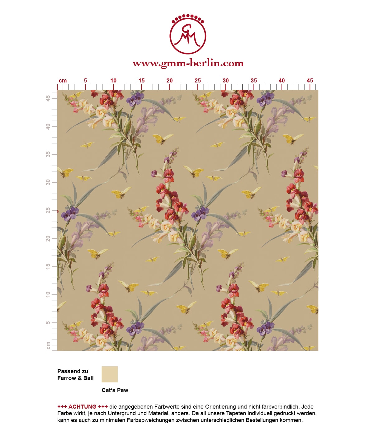 "Blissful Spring" - Edle Vintage Blüten Tapete mit Schmetterlingen auf beige angepasst an Farrow and Ball Wandfarben. Aus dem GMM-BERLIN.com Sortiment: Schöne Tapeten in creme Farbe