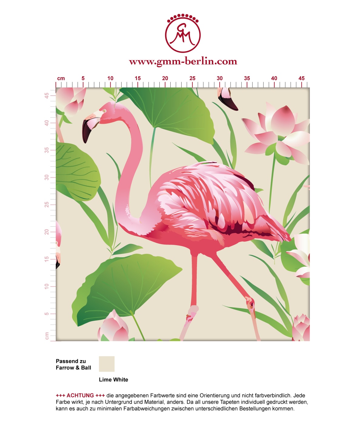 Exotische Tapete "Flamingo Pool" mit Seerosen im extravaganten Look auf weiß angepasst an Farrow and Ball Wandfarben. Aus dem GMM-BERLIN.com Sortiment: Schöne Tapeten in creme Farbe