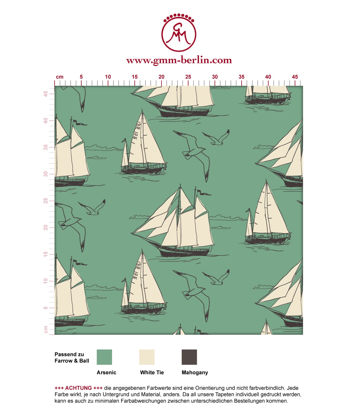 Segler Tapete "Die Regatta" mit klassischen Segelbooten und Möwen auf grün angepasst an Farrow and Ball Wandfarben. Aus dem GMM-BERLIN.com Sortiment: Schöne Tapeten in der Farbe: grün