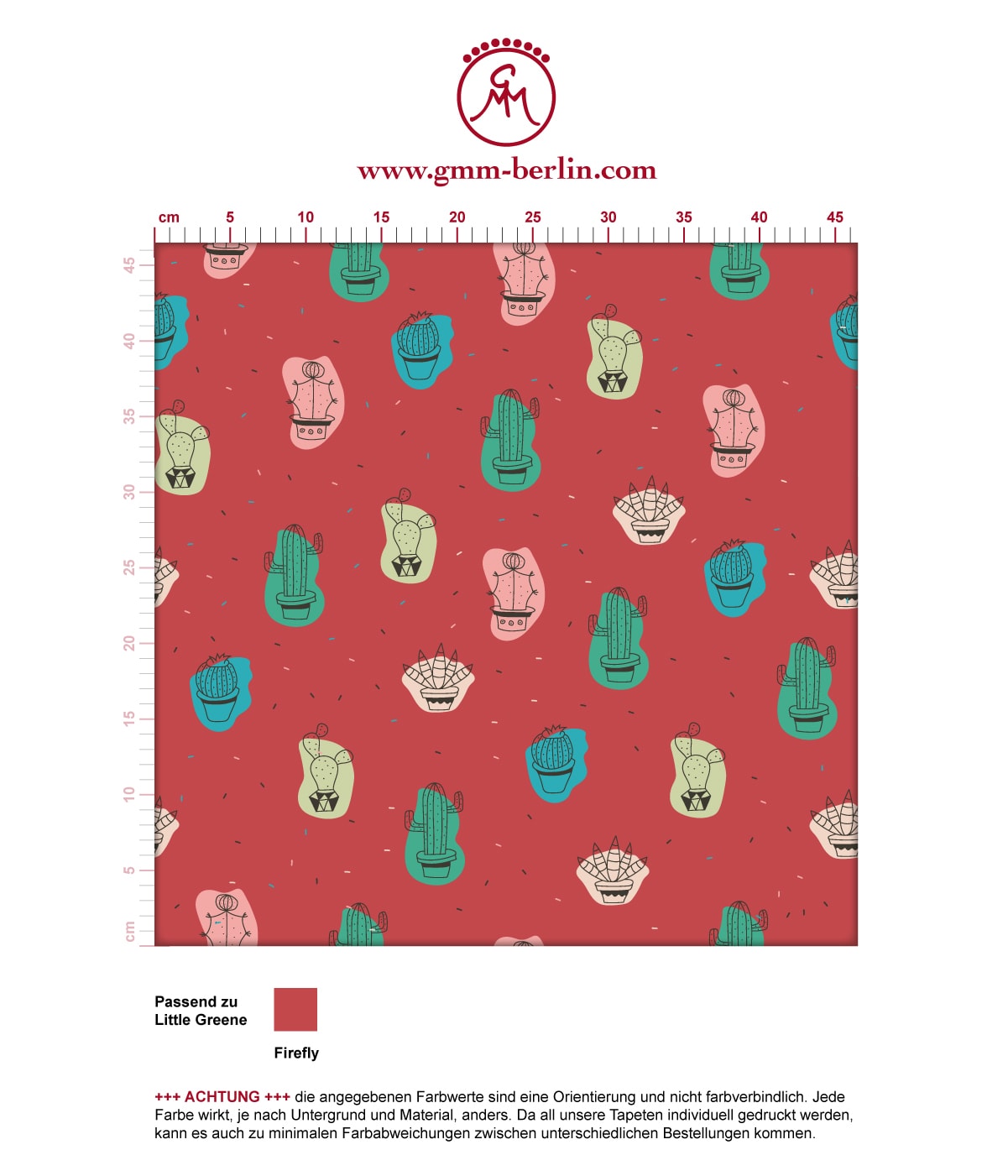 Designer Tapete "Wüstenzauber" mit bunten Kakteen auf rot angepasst an Little Greene Wandfarben. Aus dem GMM-BERLIN.com Sortiment: Schöne Tapeten in der Farbe: rot