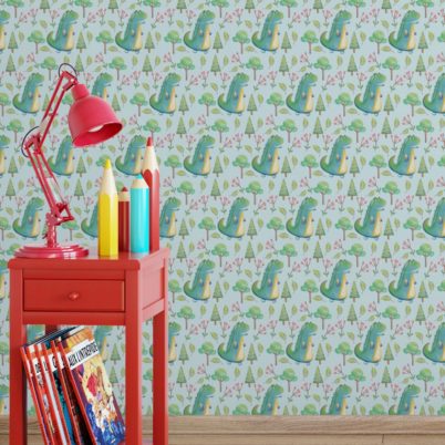 Kindertapete hellblau: Kinderzimmer Tapete mit kleinen Drachen im Zauberwald auf hellblau angepasst an Little Greene Wandfarben- Vliestapete Figuren