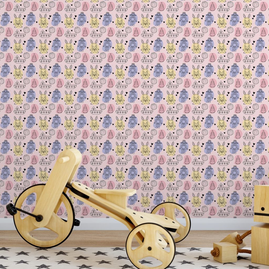 Jugend Tapete rosa: Coole Kinder Jugend Tapete "Toy Zone" mit lustigem Spielzeug und Robotern auf rosa angepasst an Little Greene Wandfarben- Vliestapete Tiere