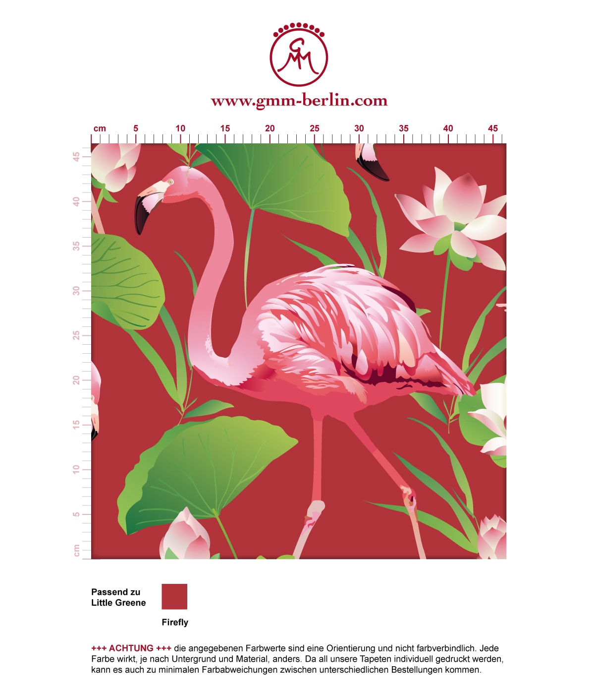Extravagante, exotische Tapete "Flamingo Pool" mit Seerosen auf rot angepasst an Little Greene Wandfarben. Aus dem GMM-BERLIN.com Sortiment: Schöne Tapeten in der Farbe: rot