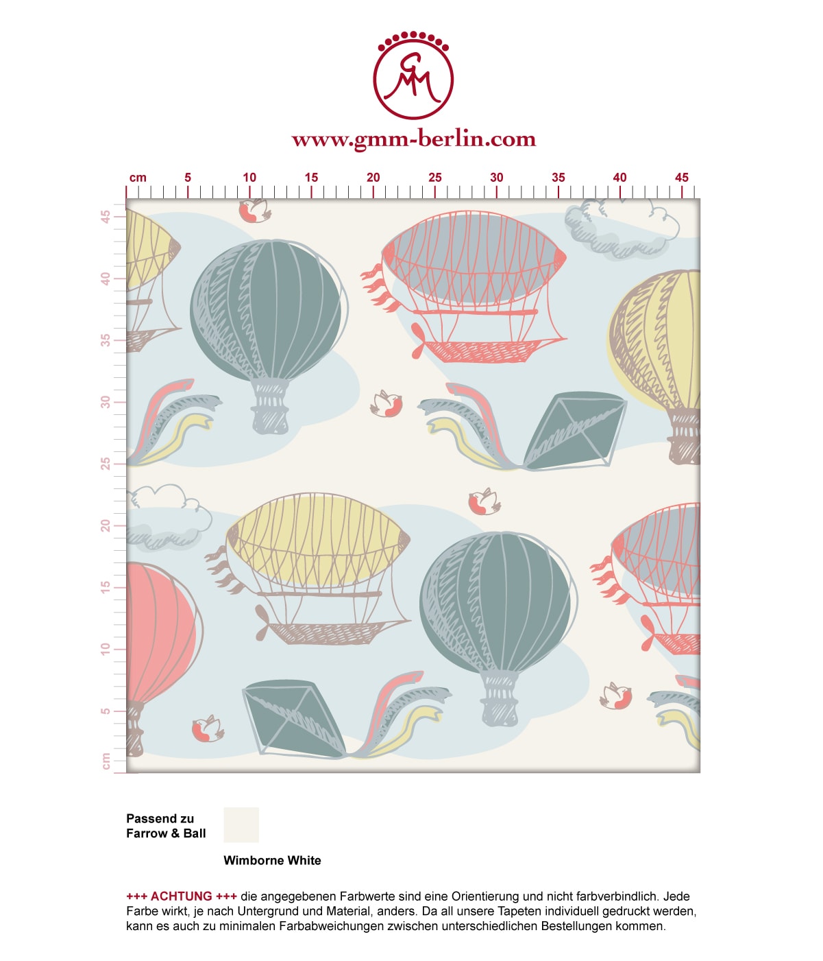 "Luftschlösser" - Traumhafte Tapete mit Drachen, Heißluftballons und Wolken in bunt angepasst an Farrow and Ball Wandfarben. Aus dem GMM-BERLIN.com Sortiment: Schöne Tapeten in creme Farbe