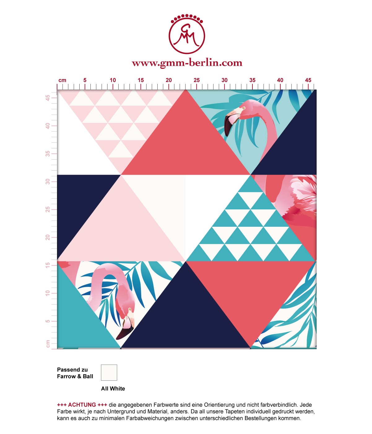 Exotische moderne Tapete "Flamingo Puzzle" mit grafischen Dreiecken in blau angepasst an Farrow and Ball Wandfarben. Aus dem GMM-BERLIN.com Sortiment: Schöne Tapeten in der Farbe: rosa