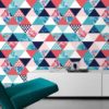 Wandtapete rosa: Exotische moderne Tapete "Flamingo Puzzle" mit grafischen Dreiecken in blau angepasst an Farrow and Ball Wandfarben- Vliestapete Grafisch