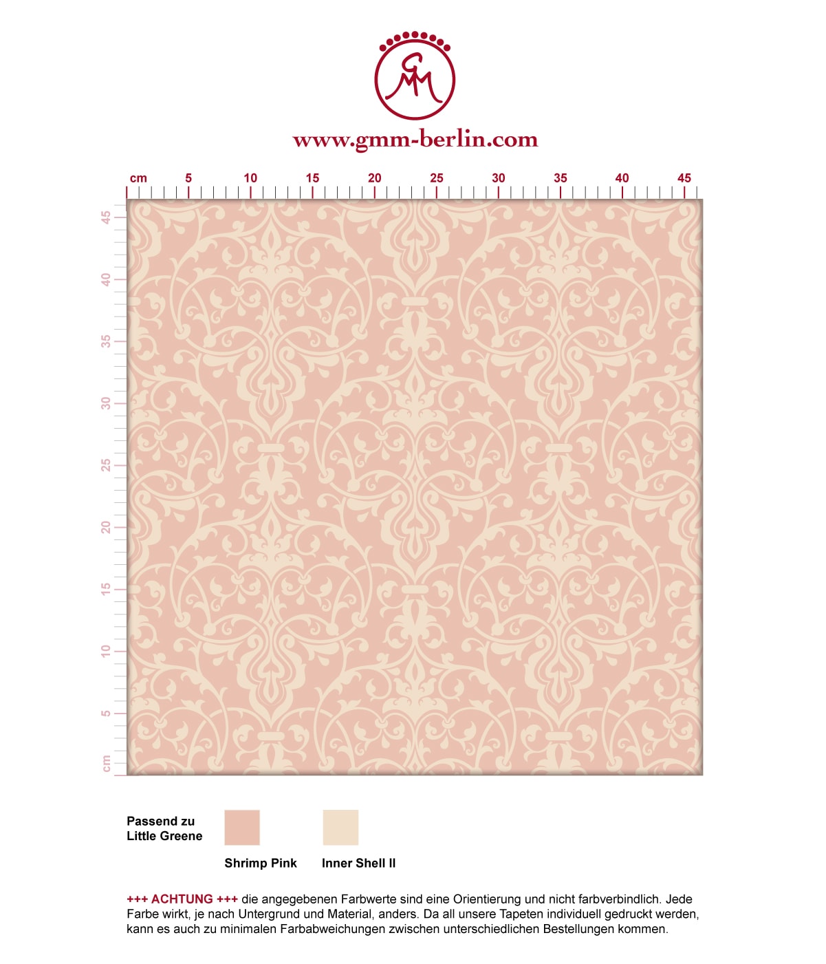 Ornamentale Tapete mit klassischem Damast Muster auf rosa angepasst an Little Greene Wandfarben. Aus dem GMM-BERLIN.com Sortiment: Schöne Tapeten in der Farbe: rosa