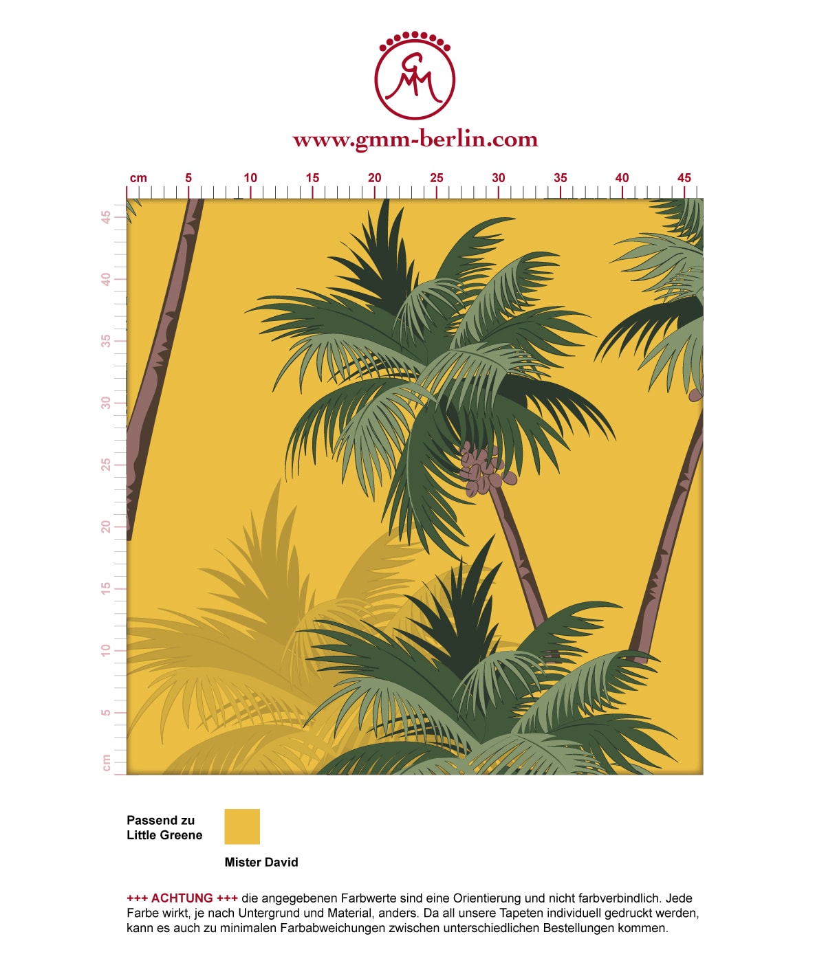 Sonnige, üppige Strand Tapete "im Palmenhain" mit großen Palmen auf gelb angepasst an Little Greene Wandfarben. Aus dem GMM-BERLIN.com Sortiment: Schöne Tapeten in der Farbe: gelb