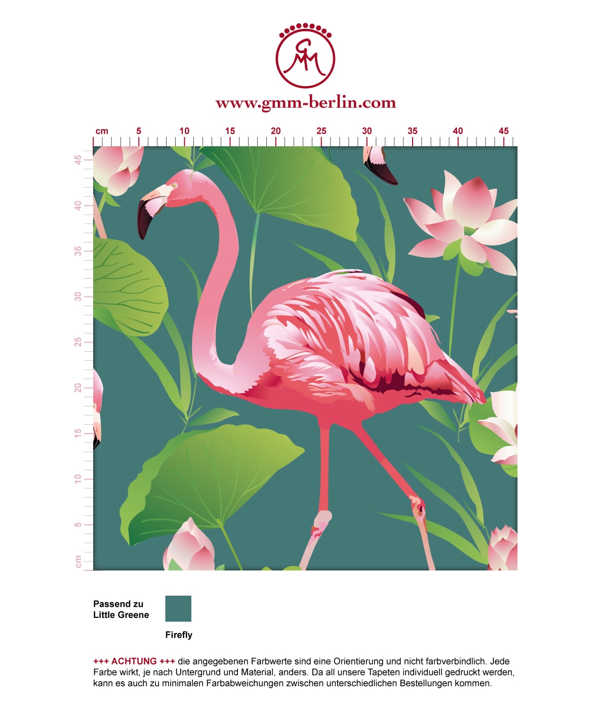 Türkise, extravagante, exotische Tapete "Flamingo Pool" mit Seerosen angepasst an Little Greene Wandfarben. Aus dem GMM-BERLIN.com Sortiment: Schöne Tapeten in der Farbe: grün blau