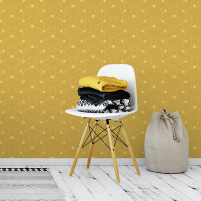 Wandtapete gelb: Auffallende grafische Tapete "Celestial Dots" großes Muster in gelb angepasst an Ikea Wandfarben - Vliestapete Grafisch