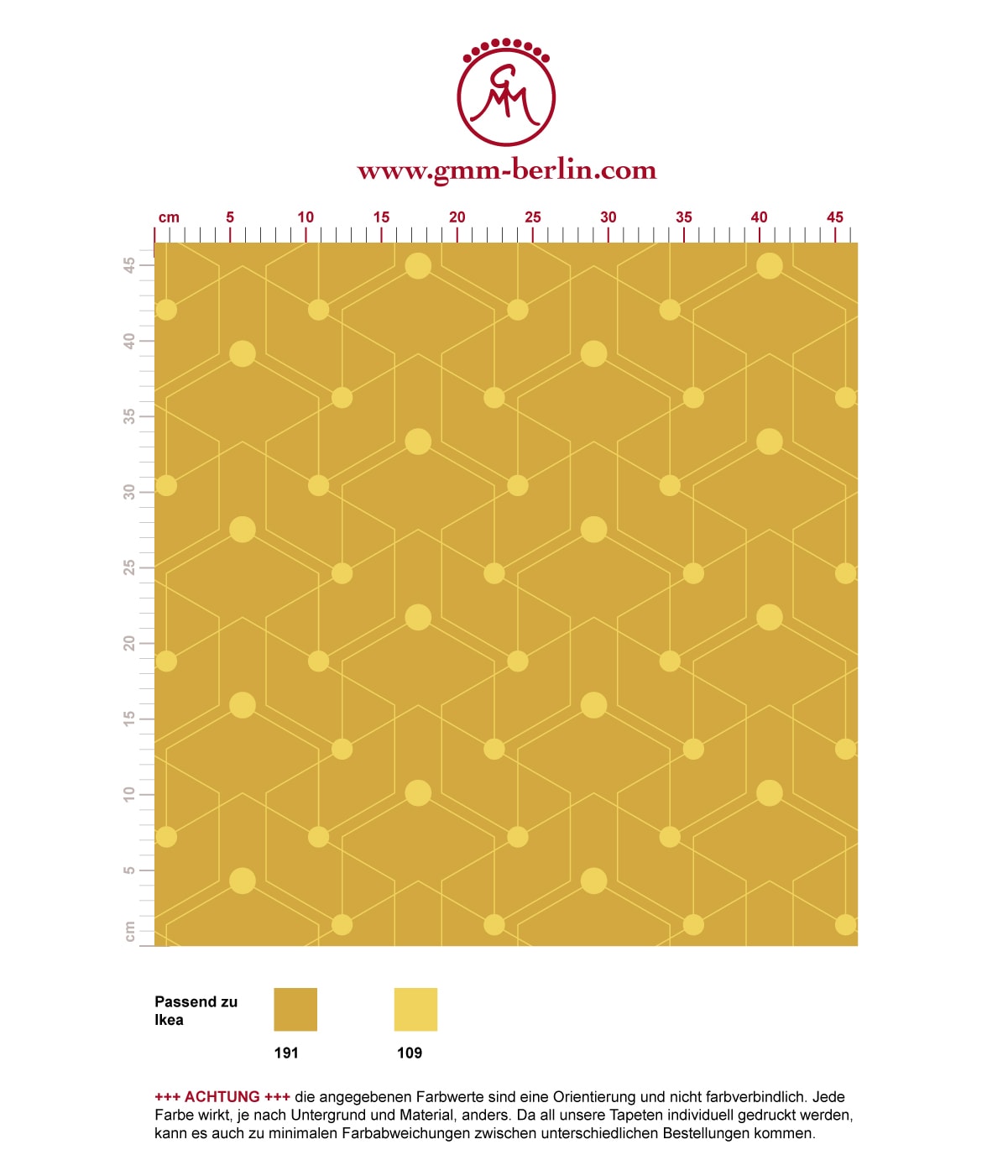 Auffallende grafische Tapete "Celestial Dots" kleines Muster in gelb angepasst an Ikea Wandfarben. Aus dem GMM-BERLIN.com Sortiment: Schöne Tapeten in der Farbe: gelb