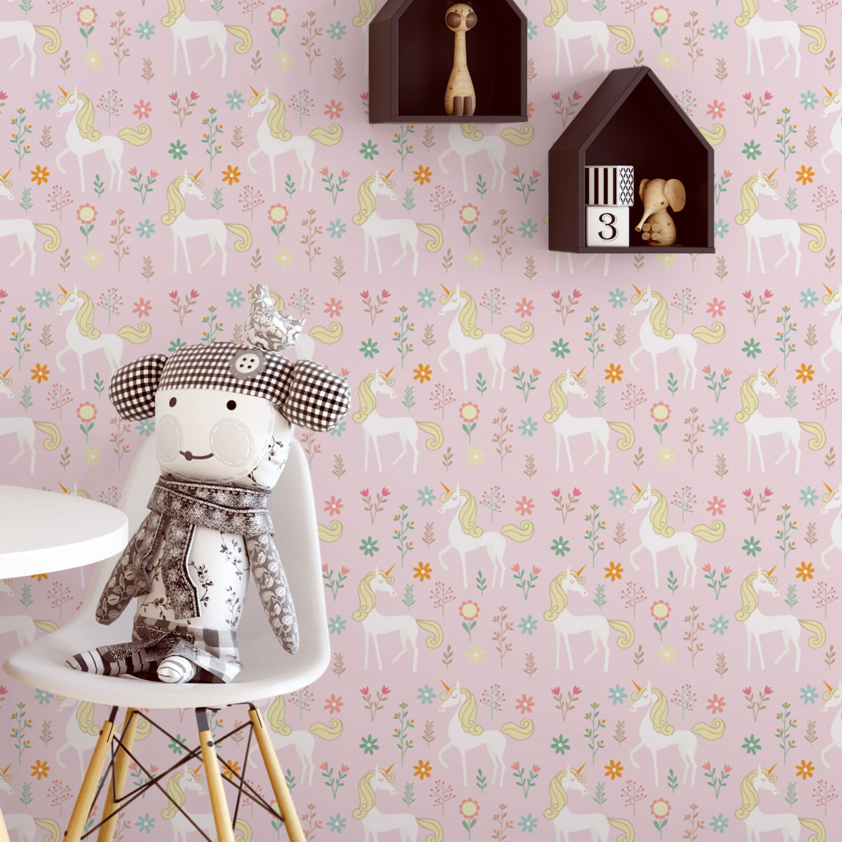 Wandtapete hell rosa: Kinder Traum Tapete mit magischem Einhorn auf rosa angepasst an Little Greene Wandfarben- Vliestapete Tiere