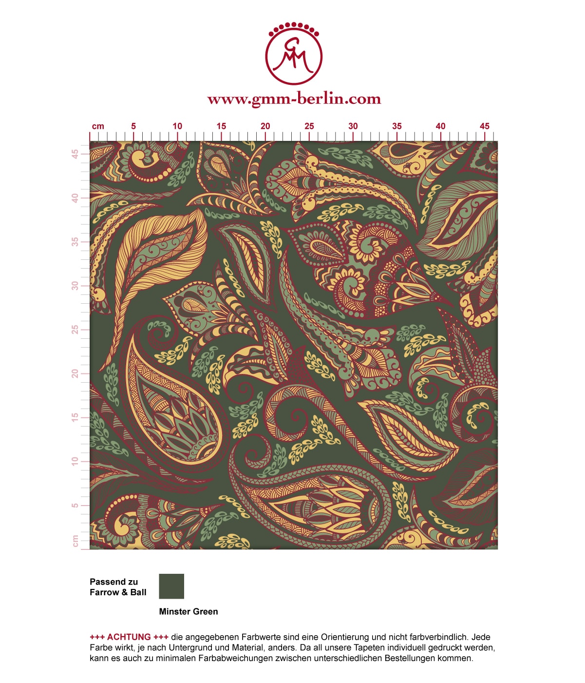 Edle oliv grüne Designer Tapete "Grand Paisley" mit großem dekorativem Blatt Muster angepasst an Farrow and Ball Wandfarbe. Aus dem GMM-BERLIN.com Sortiment: Schöne Tapeten in der Farbe: dunkel grün