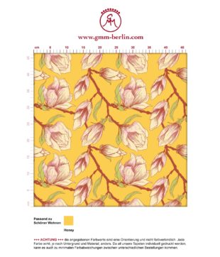 Sonnige gelbe Blüten Tapete "Blooming Magnolia" mit blühender Magnolie angepasst an Schöner Wohnen Wandfarben. Aus dem GMM-BERLIN.com Sortiment: Schöne Tapeten in der Farbe: gelb