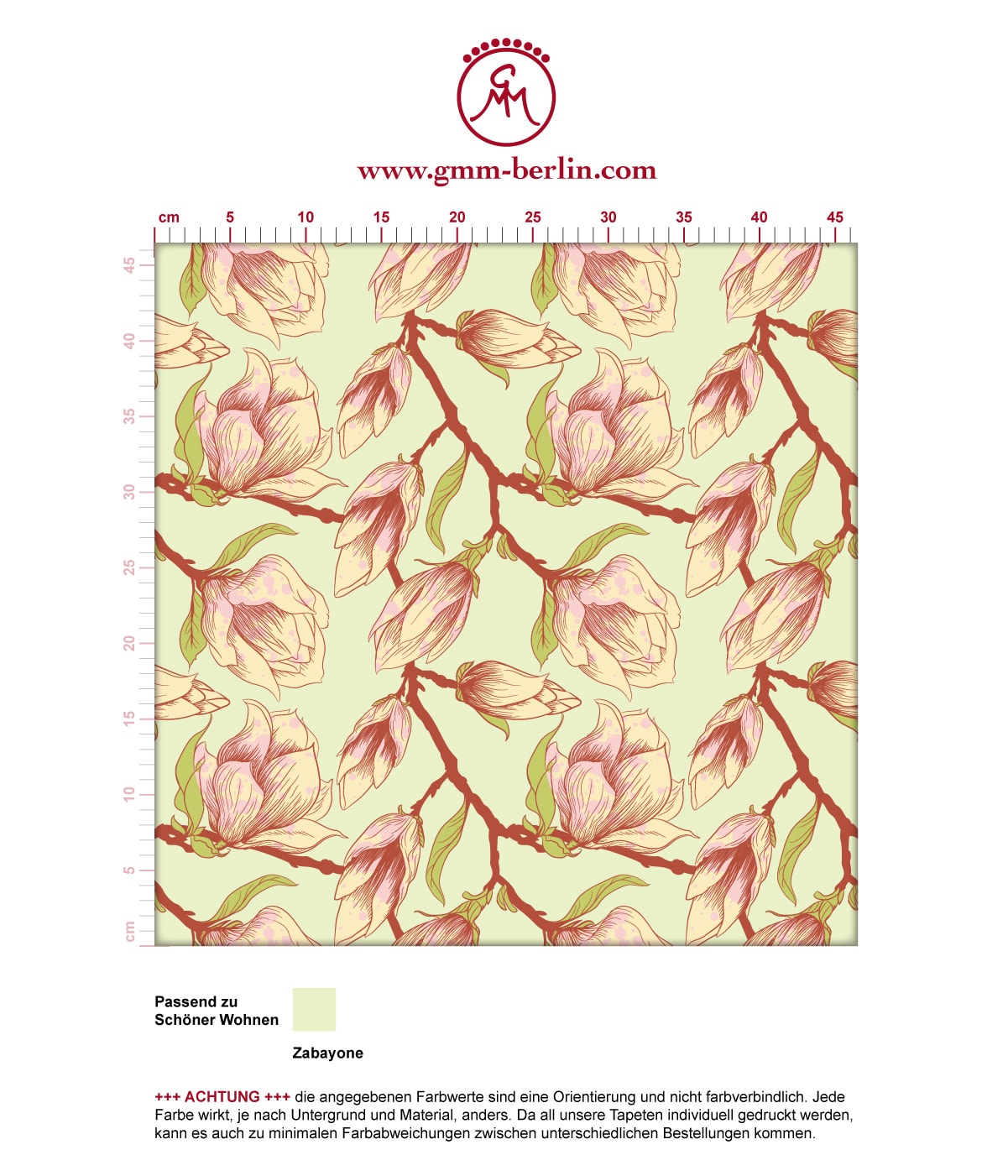 Zarte edle Blüten Tapete "Blooming Magnolia" mit blühender Magnolie angepasst an Schöner Wohnen Wandfarben. Aus dem GMM-BERLIN.com Sortiment: Schöne Tapeten in der Farbe: Erbsen grün