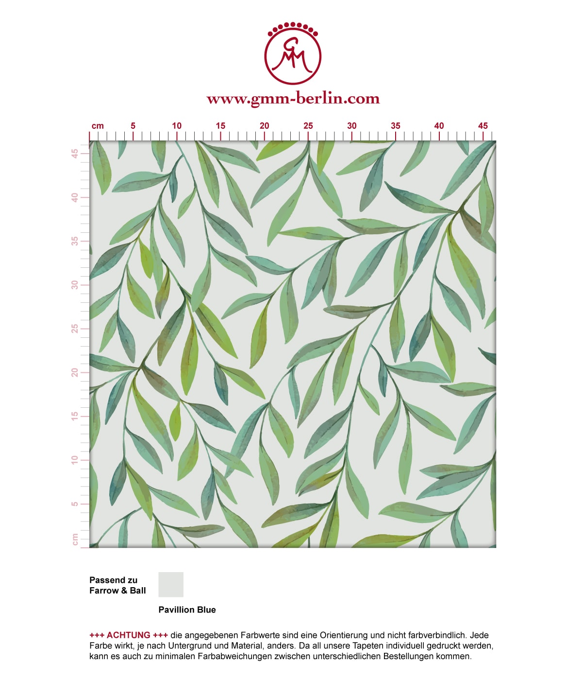 Zarte schöne Weiden Tapete "Magic Willow" mit Blätter Dekor auf grau angepasst an Farrow and Ball Wandfarben. Aus dem GMM-BERLIN.com Sortiment: Schöne Tapeten in der Farbe: grün