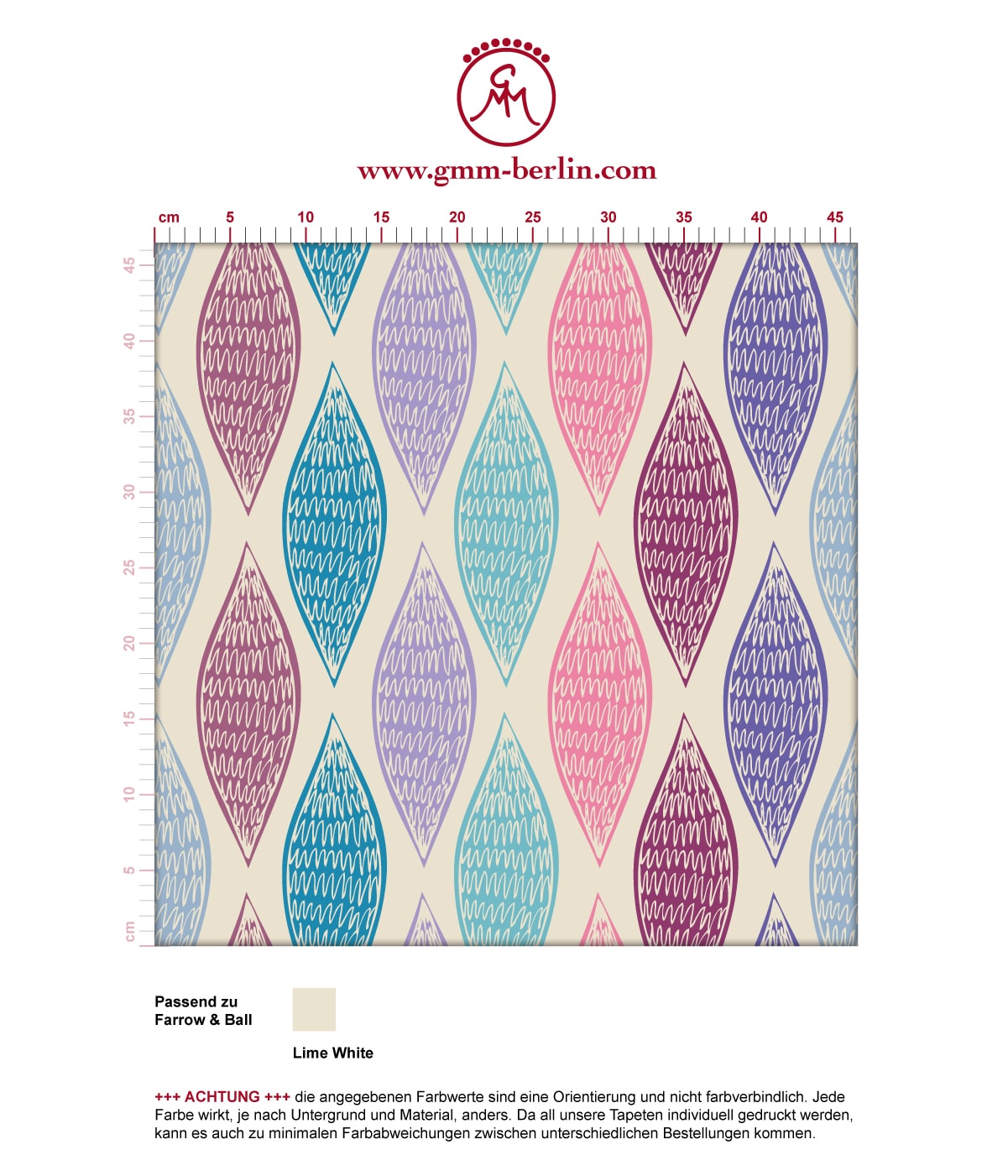 Lila moderne Designer Tapete "Regenbogen Waben" mit bunten Farben angepasst an Farrow and Ball Wandfarben. Aus dem GMM-BERLIN.com Sortiment: Schöne Tapeten in der Farbe: rosa