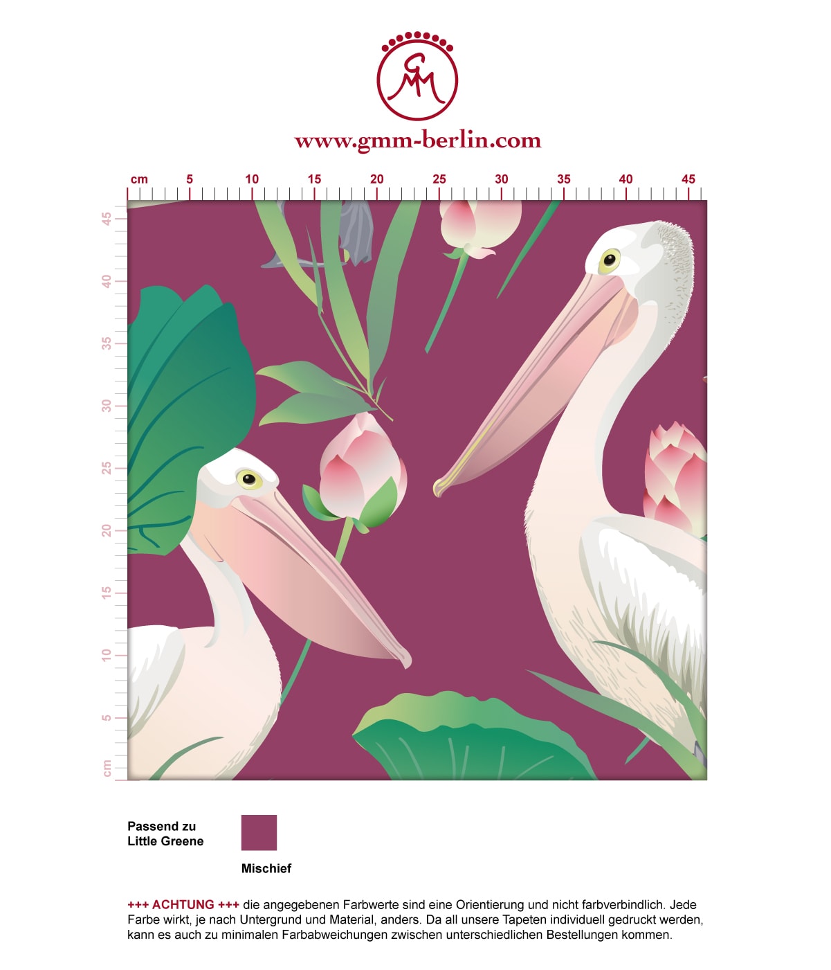 Lila Vogel Tapete "Pelican Pond" mit Pelikanen und Seerosen angepasst an Little Greene Wandfarben. Aus dem GMM-BERLIN.com Sortiment: Schöne Tapeten in der Farbe: violett