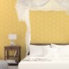 Wandtapete gelb: Gelbe moderne Designer Tapete "Grafic Pompoms" mit Kreis Kugel Motiv angepasst an Schöner Wohnen Wandfarben