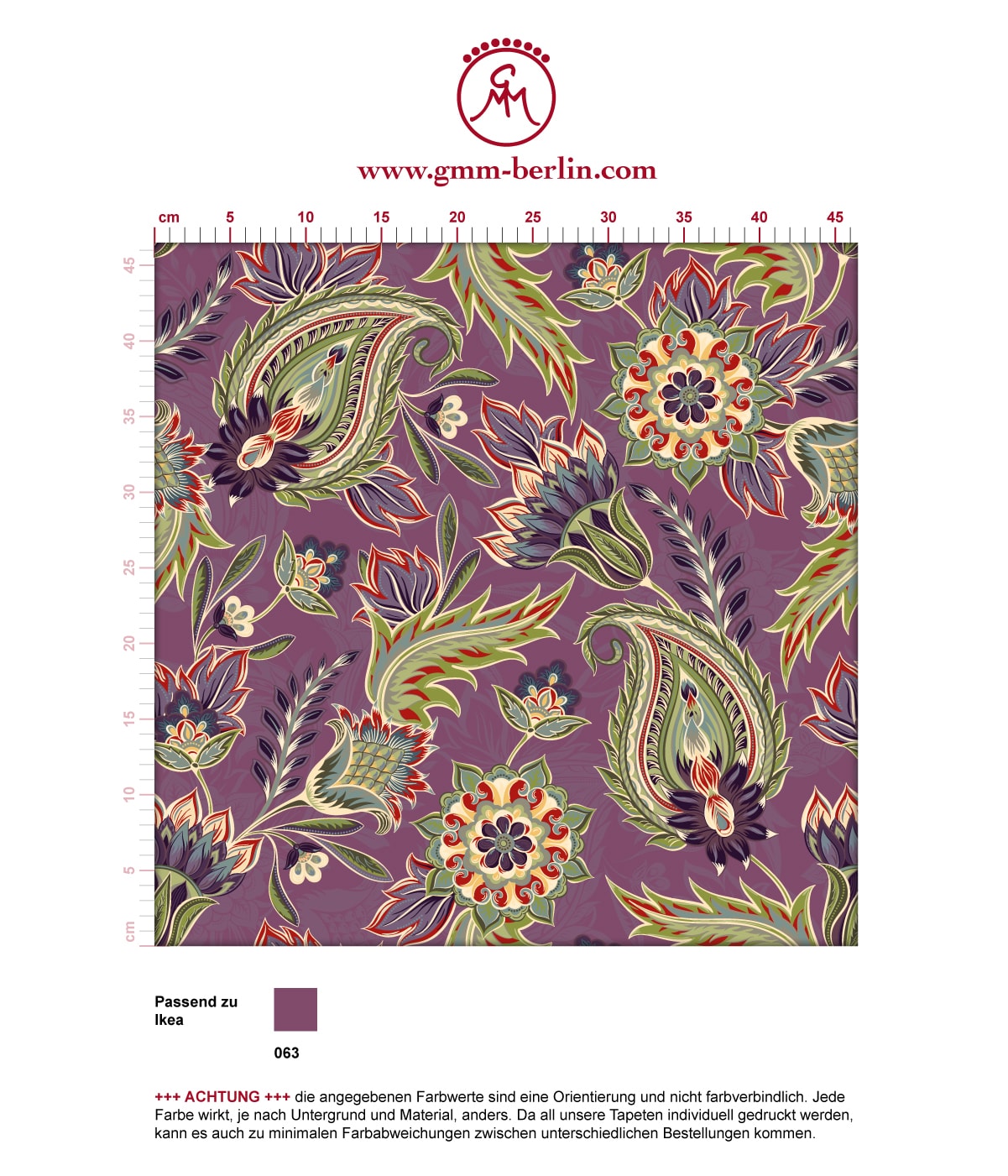 Lila edle Designer Tapete "Classic Paisley" mit dekorativem Blatt Muster (klein) angepasst an Ikea Wandfarben. Aus dem GMM-BERLIN.com Sortiment: Schöne Tapeten in der Farbe: violett