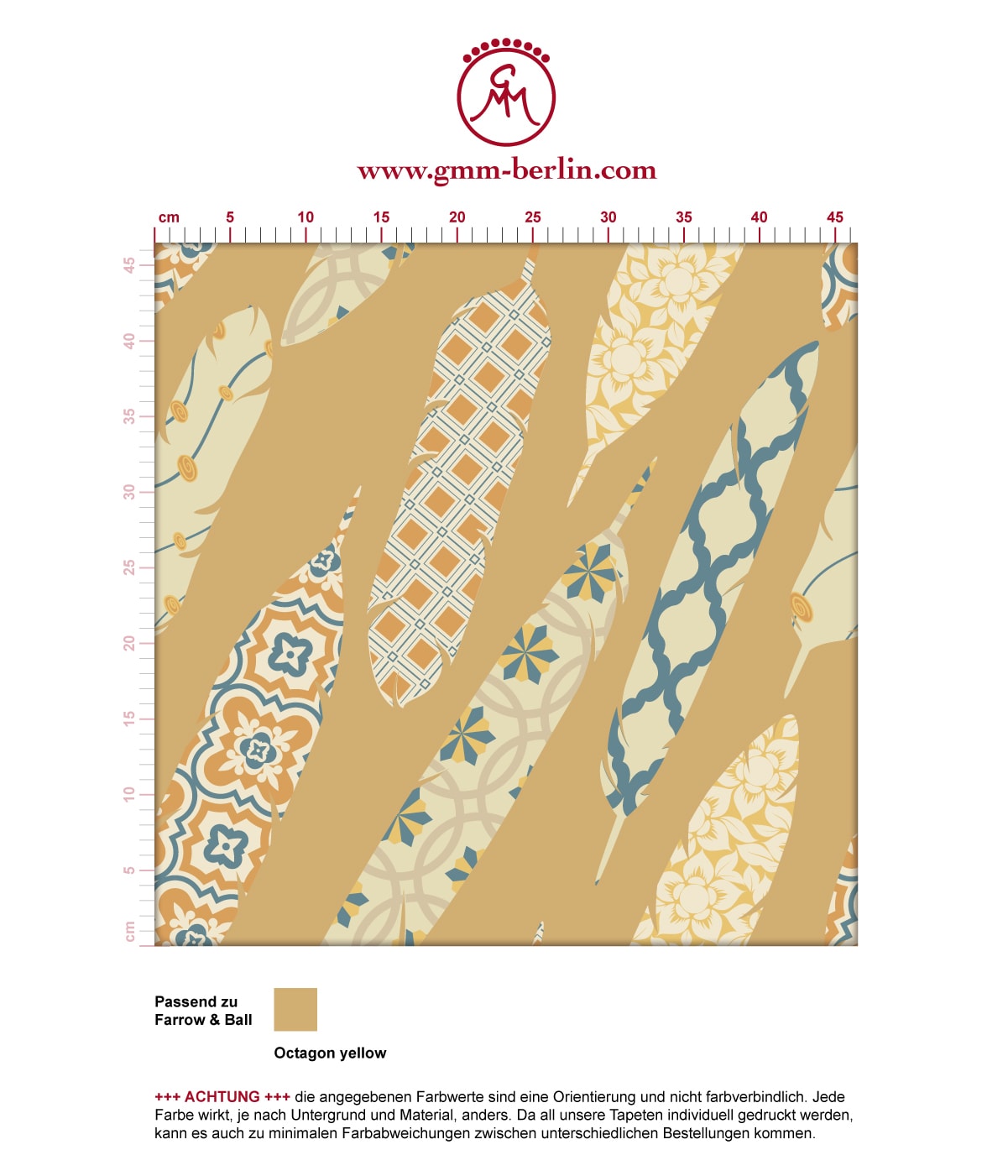 Gelbe moderne Tapete "Fancy Feathers" mit dekorativem Feder Muster angepasst an Farrow and Ball Wandfarben. Aus dem GMM-BERLIN.com Sortiment: Schöne Tapeten in creme Farbe