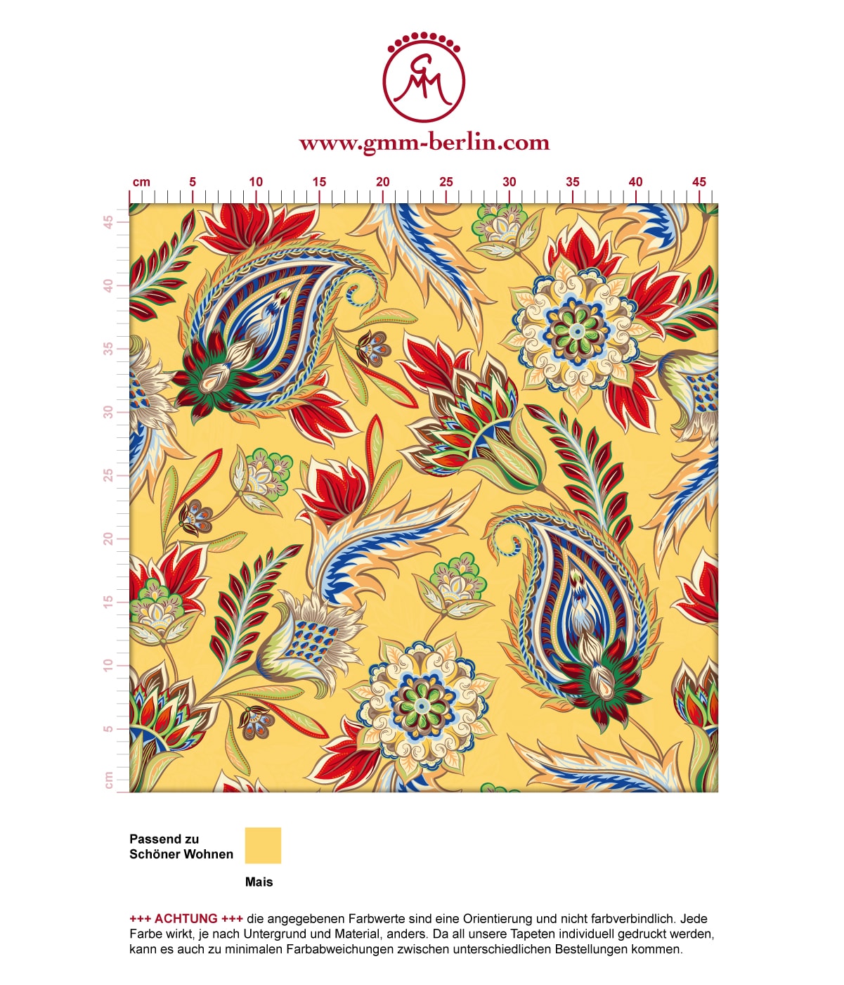Gelbe edle Designer Tapete "Classic Paisley" mit dekorativem Blatt Muster (klein) angepasst an Schöner Wohnen Wandfarben. Aus dem GMM-BERLIN.com Sortiment: Schöne Tapeten in der Farbe: gelb