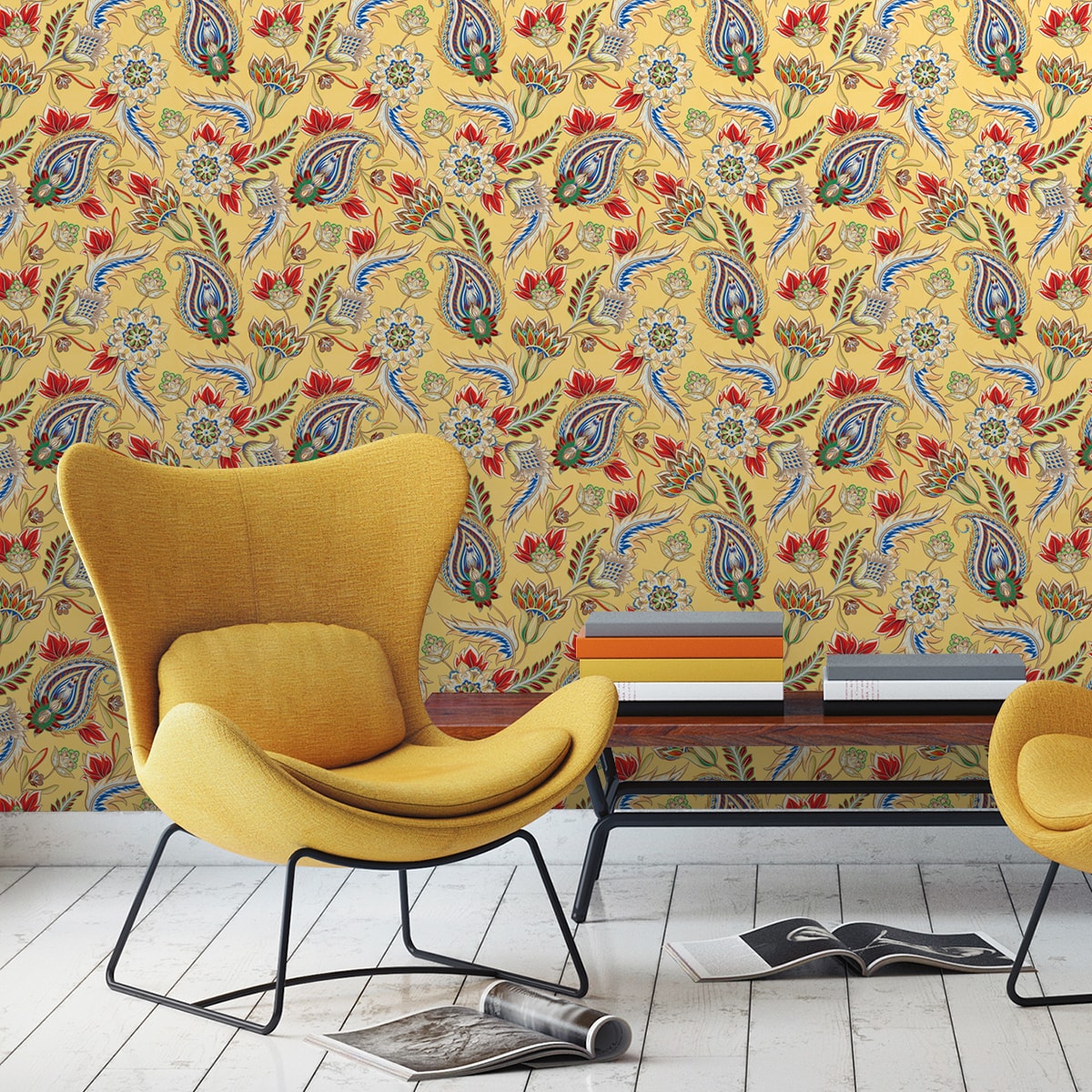 Wandtapete gelb: Gelbe edle Designer Tapete "Classic Paisley" mit dekorativem Blatt Muster (klein) angepasst an Schöner Wohnen Wandfarben