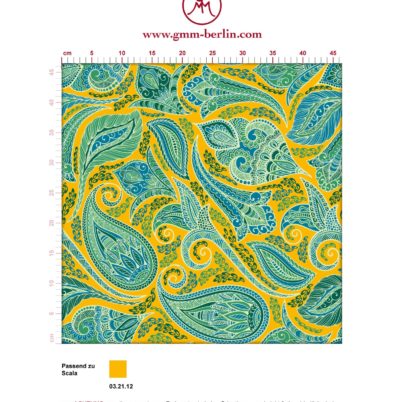 Gelbe edle Designer Tapete "Grand Paisley" mit großem dekorativem Blatt Muster angepasst an Scala Wandfarben. Aus dem GMM-BERLIN.com Sortiment: Schöne Tapeten in der Farbe: gelb