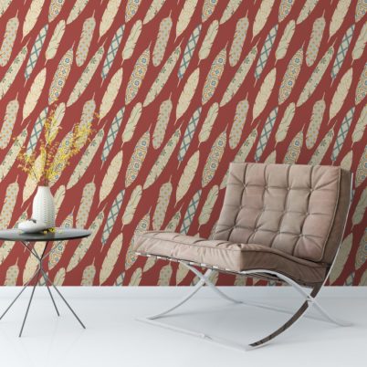 Wandtapete dunkel rot: Braune moderne Tapete "Fancy Feathers" mit dekorativem Feder Muster angepasst an Farrow and Ball Wandfarben