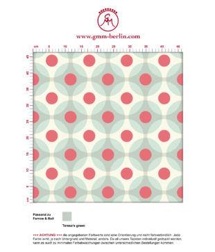 Moderne Retro Tapete "Flower Dots" mit großen Punkten in türkis angepasst an Farrow and Ball Wandfarben. Aus dem GMM-BERLIN.com Sortiment: Schöne Tapeten in creme Farbe