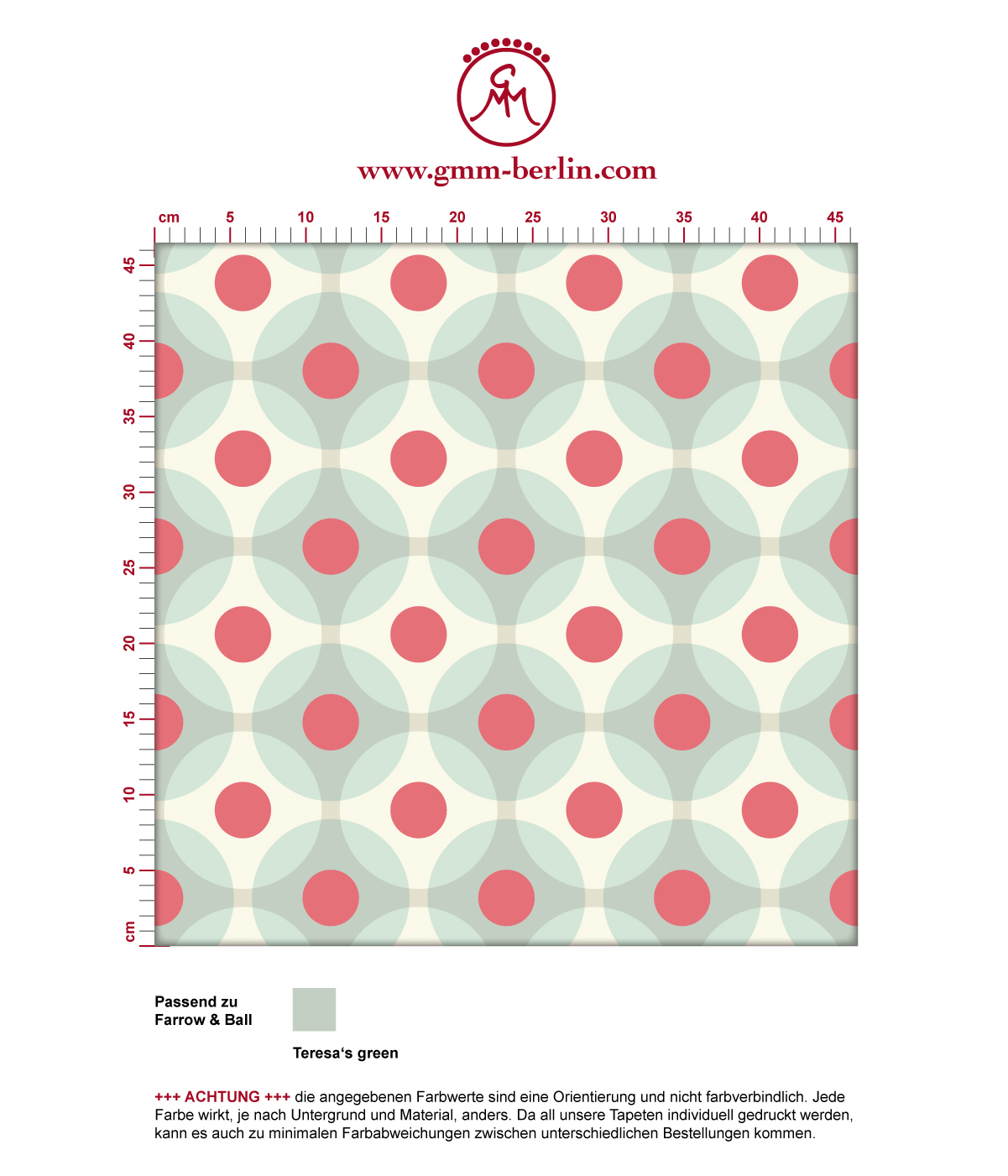 Moderne Retro Tapete "Flower Dots" mit großen Punkten in türkis angepasst an Farrow and Ball Wandfarben. Aus dem GMM-BERLIN.com Sortiment: Schöne Tapeten in creme Farbe