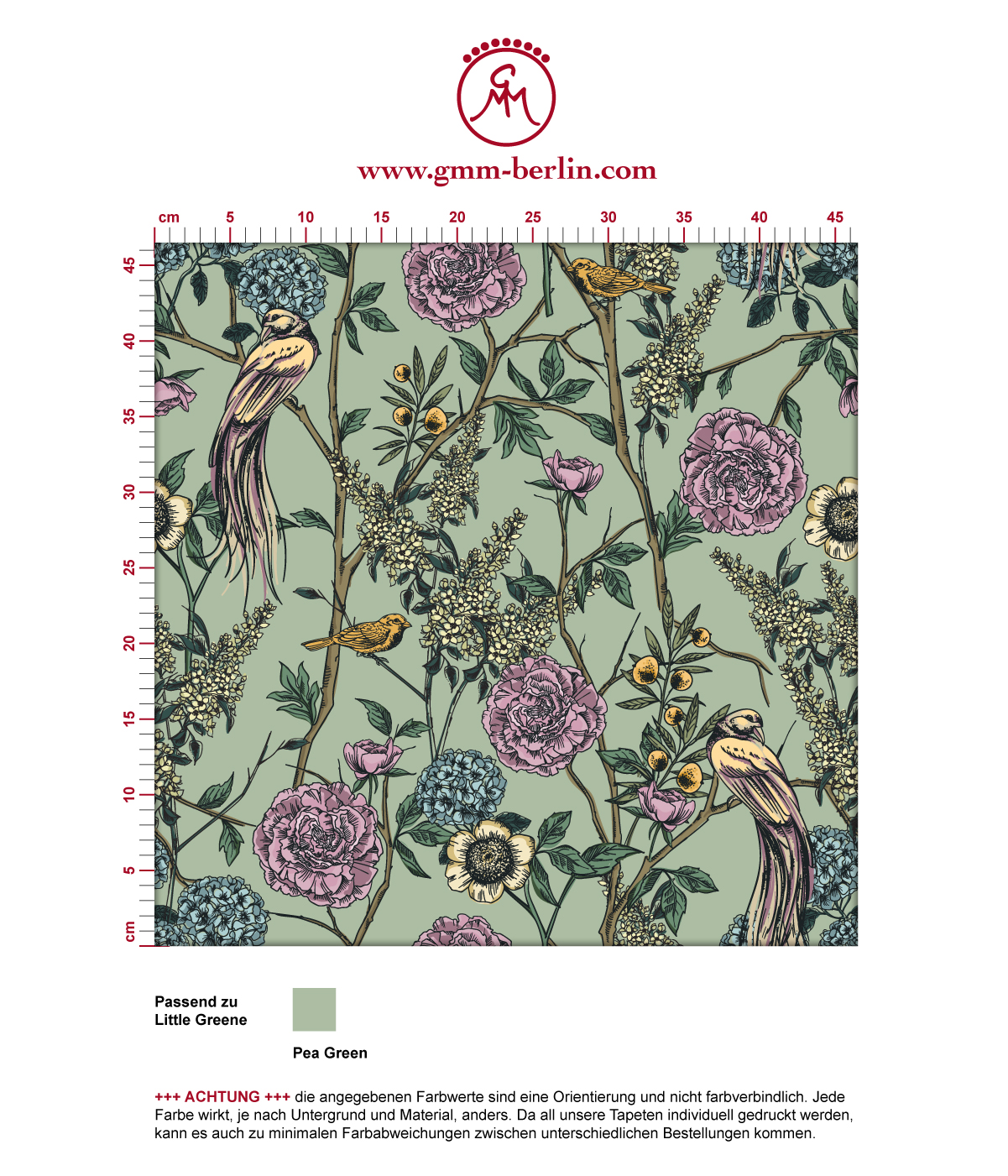 florale Tapete "Victorias Treasure" mit Paradies Vögeln und Blumen in grün - großer Rapport angepasst an Little Greene Wandfarben. Aus dem GMM-BERLIN.com Sortiment: Schöne Tapeten in der Farbe: flieder