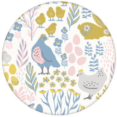 Land Tapete "Hoppelgarten" mit bunten Hühnern, Hasen und Blumen in Farbe - große Wandgestaltung aus den Tapeten Neuheiten Exklusive Tapete für schönes Wohnen als Naturaltouch Luxus Vliestapete oder Basic Vliestapete