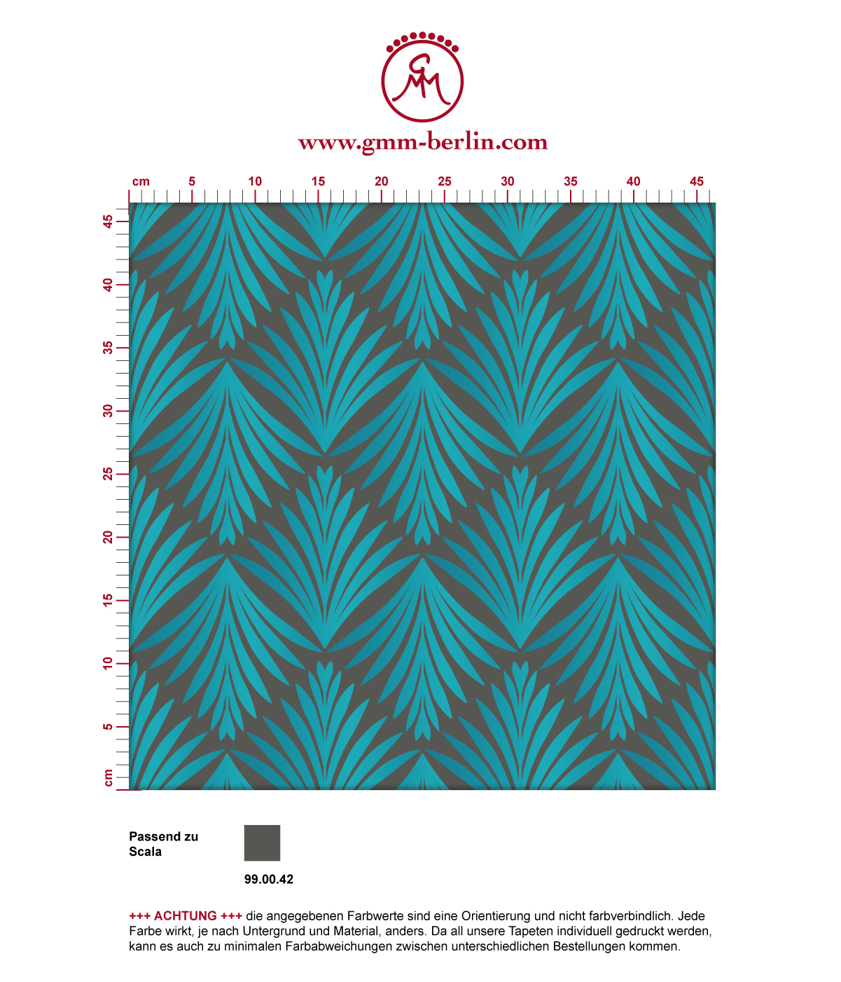 Türkise Tapete "Art Deco Akanthus" mit Blatt Muster auf grau angepasst an Scala Wandfarben. Aus dem GMM-BERLIN.com Sortiment: Schöne Tapeten in der Farbe: grün blau