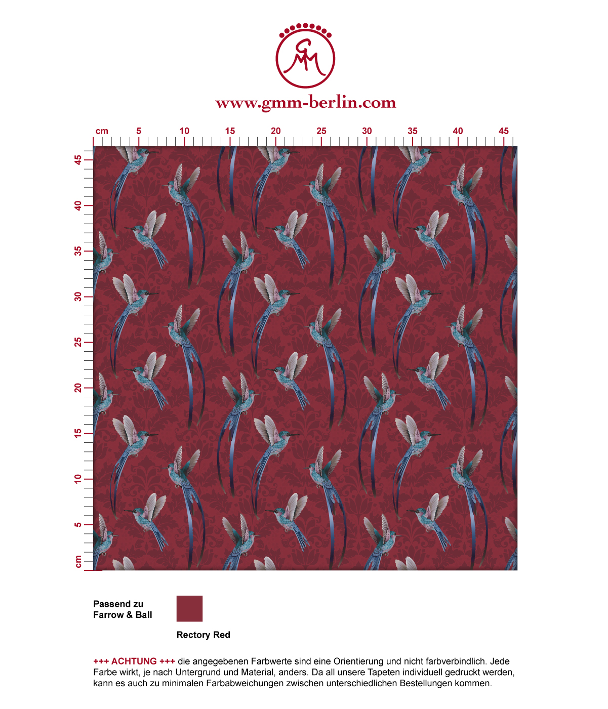 Kolibri Tapete "Damast-Elfen" mit klassischem Damast Muster in rot angepasst an Farrow & Ball Wandfarben. Aus dem GMM-BERLIN.com Sortiment: Schöne Tapeten in der Farbe: dunkel rot