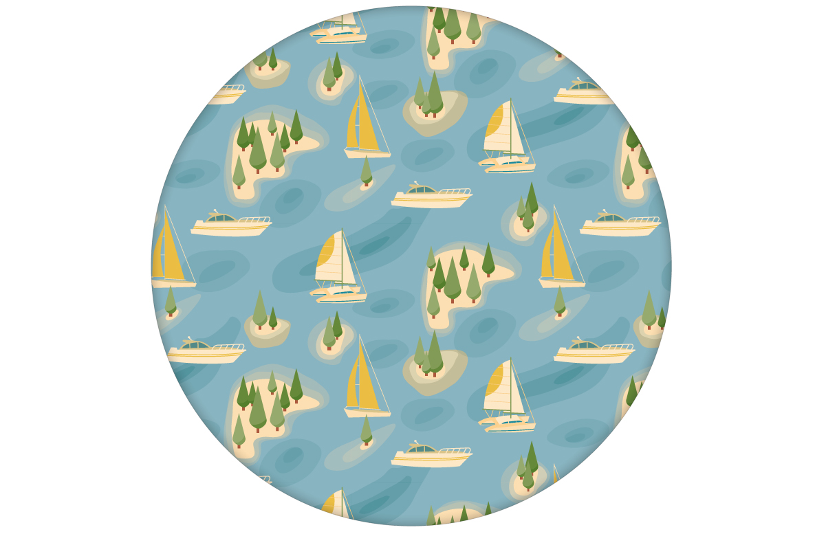 Moderne blaue Tapete "Insel Hopping" mit Yachten und Segel-Booten, Wandgestaltung aus den Tapeten Neuheiten Borten und Tapetenmotive als Naturaltouch Luxus Vliestapete oder Basic Vliestapete