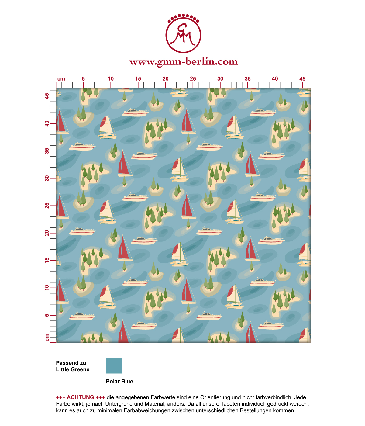 Moderne blaue Tapete "Insel Hopping" mit Yachten und Segel-Booten in gelb angepasst an Little Greene Wandfarben. Aus dem GMM-BERLIN.com Sortiment: Schöne Tapeten in der Farbe: gelb