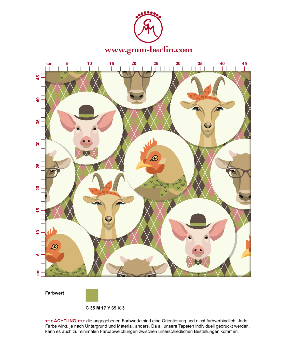 Moderne Tapete "Funny Portrait Gallery" mit Schweinen, Ziegen und Kühen auf Schotten Karo in oliv - groß angepasst an CMYK Wandfarben. Aus dem GMM-BERLIN.com Sortiment: Schöne Tapeten in der Farbe: dunkel braun