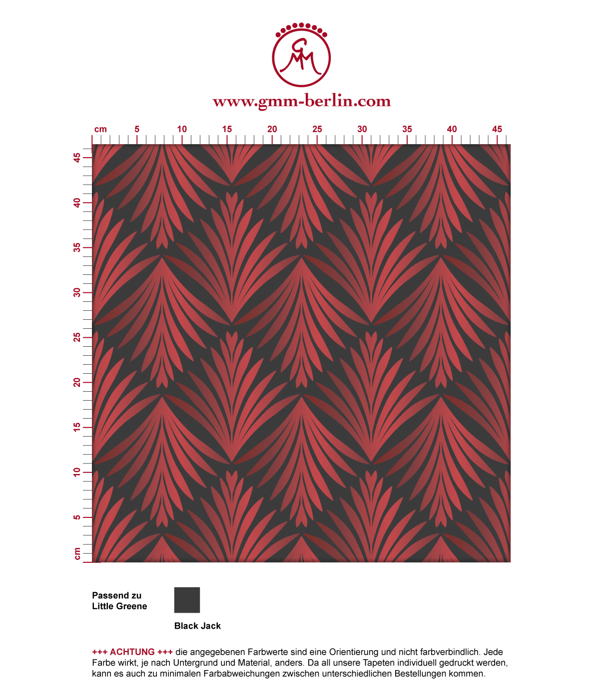 Tapete "Art Deco Akanthus" mit klassischem Blatt Muster in grau rot angepasst an Little Greene Wandfarben. Aus dem GMM-BERLIN.com Sortiment: Schöne Tapeten in der Farbe: rot