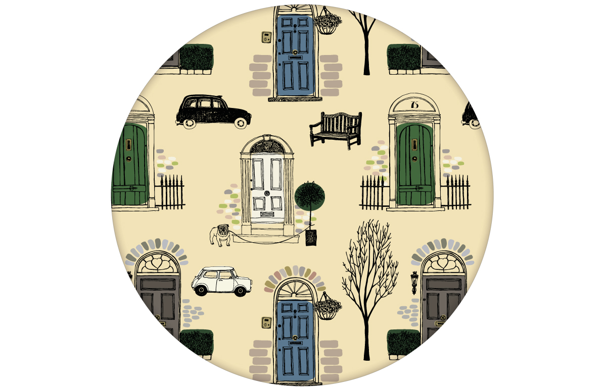 Londoner Tapete "Belgravia" mit Haustüren, Mini und Cabs Farbe grün aus den Tapeten Neuheiten Borten und Tapetenmotive als Naturaltouch Luxus Vliestapete oder Basic Vliestapete
