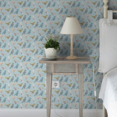 Küchentapete hellblau: nette Design Tapete "Alle Vöglein" mit Vögeln hellblau für Schlafzimmer Kinderzimmer Küche