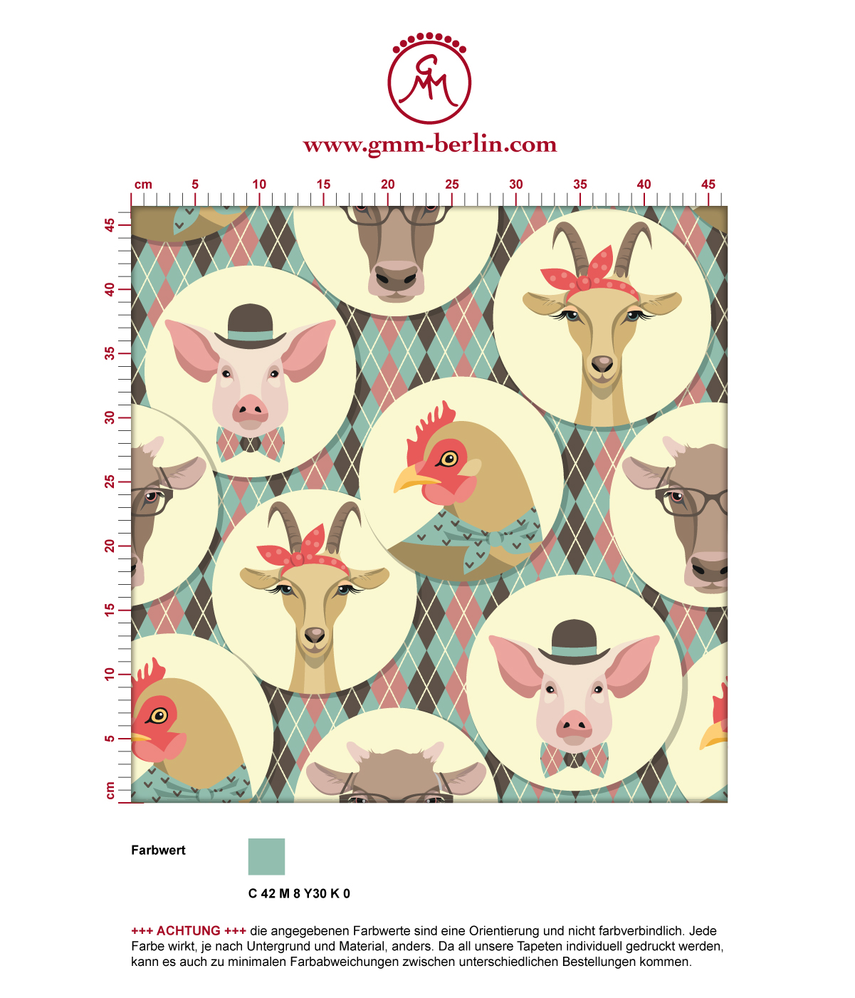 "Funny Portrait Gallery" mit lustigen Schweinen, Ziegen und Kühen auf Schotten Karo in türkis - groß angepasst an CMYK Wandfarben. Aus dem GMM-BERLIN.com Sortiment: Schöne Tapeten in der Farbe: dunkel braun
