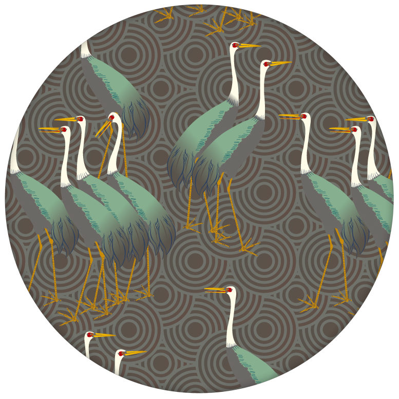 Grüne Design Tapete "Kraniche des Ibykus" im Asia Style auf Kreisen für Büro aus den Tapeten Neuheiten Exklusive Tapete für schönes Wohnen als Naturaltouch Luxus Vliestapete oder Basic Vliestapete