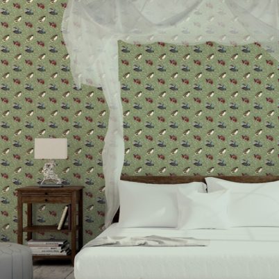 Schlafzimmer tapezieren in dunkel braun: Klassische Design Tapete "Im Schlossteich" mit Enten im Schilf in grün braun Wandgestaltung Schlafzimmer