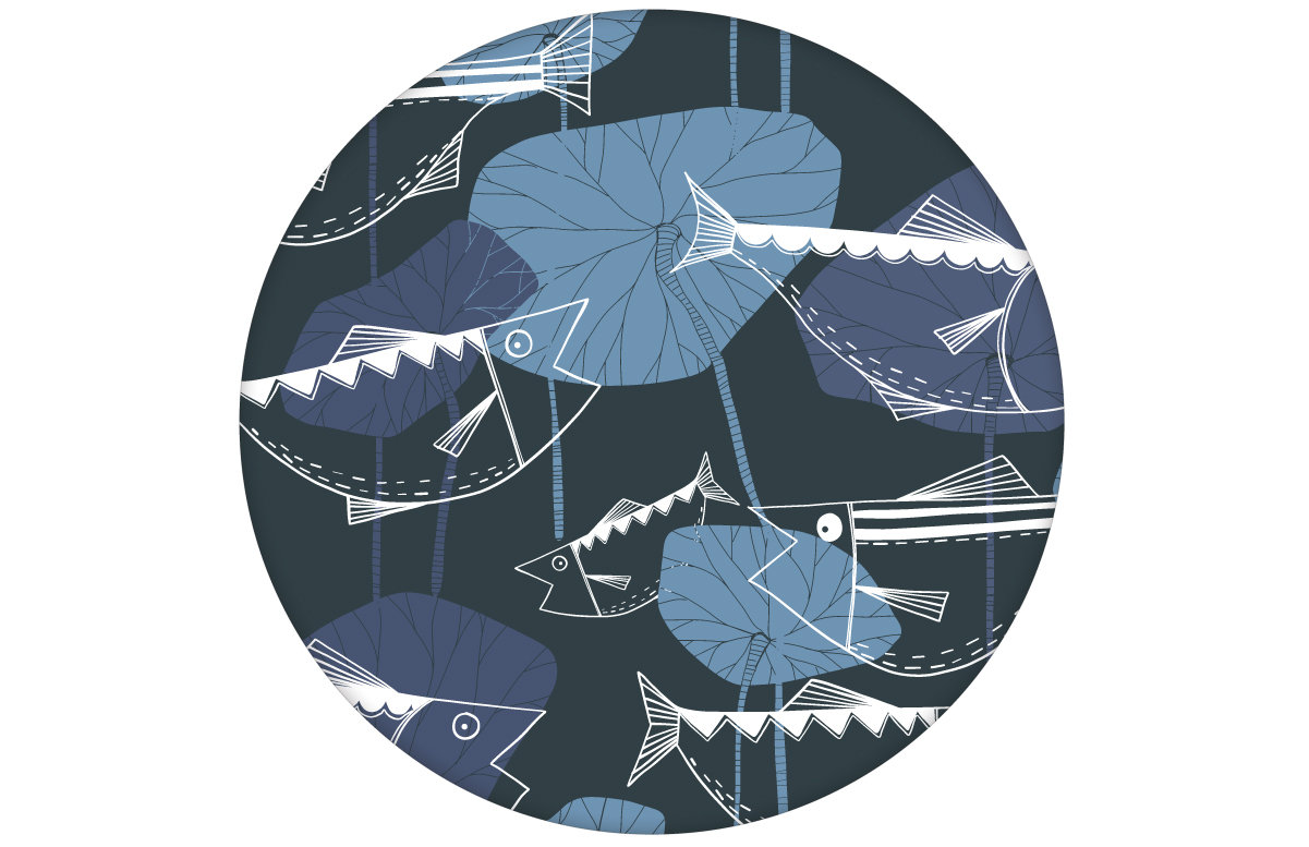 70er Jahre Design Tapete "Angler Glück" mit Fischen in lila grau Retro Wandgestaltungaus dem GMM-BERLIN.com Sortiment: blaue Tapete zur Raumgestaltung: #FarrowandBall #Fische #Retro #tapete #tiere für individuelles Interiordesign